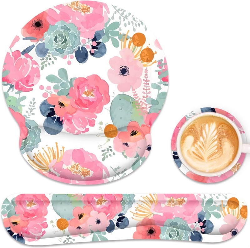 JIGOO Ergonomic Mouse Pad with Wrist Rest and Keyboard Wrist Rest, Mousepad and Wrist Rest for Computer Keyboard, Pain Relief, Non-Slip Rubber Base, Mouse Pad Wrist Support for Gaming, Office, Pink Flower - Image 1